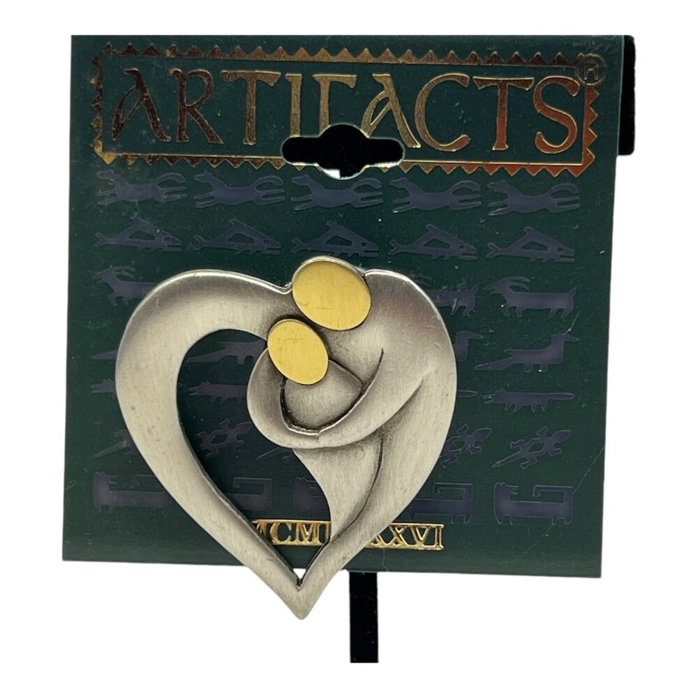 JJ Artifacts Mother Child Heart Embrace Brooch Silver Gold Tone Accent 1986 Vtg